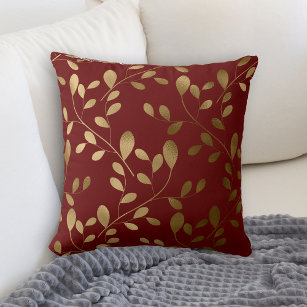 Modern Gold Leaf Pattern on Maroon Red Throw Pillow