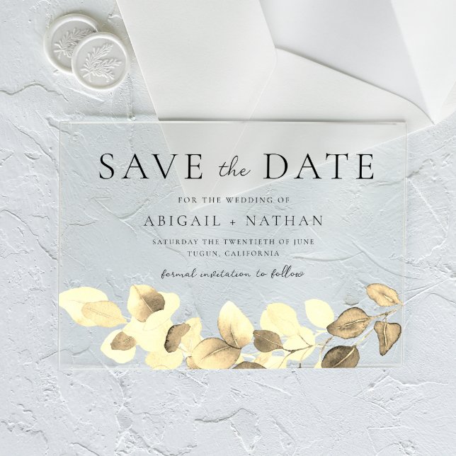 Modern Gold Leaf Wedding Save The Date Acrylic Invitations (Creator Uploaded)