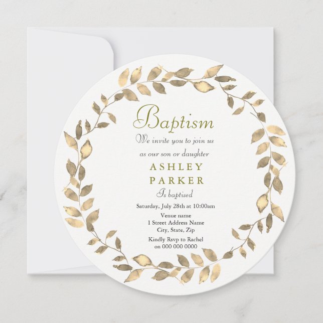 Modern Gold leaf wreath Boy Girl Baptism Invite (Front)