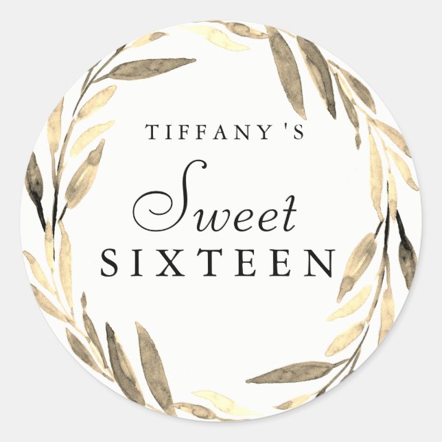 Modern Gold Leaf Wreath Sweet 16 Sticker (Front)
