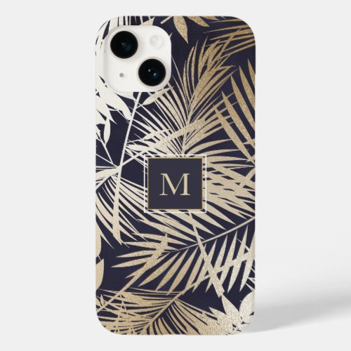 Modern Gold Leafs on Navy Monogrammed  Case_Mate iPhone 14 Case