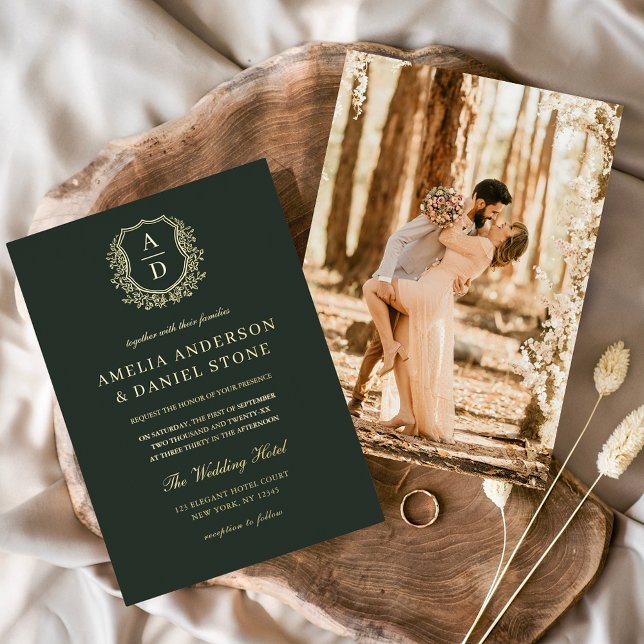 Modern Gold Leafy Crest Monogram Photo Wedding  Foil Invitation (Creator Uploaded)