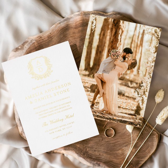 Modern Gold Leafy Crest Monogram Photo Wedding  Foil Invitation (Creator Uploaded)