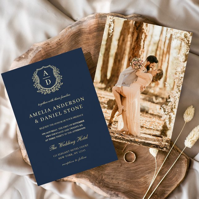 Modern Gold Leafy Crest Monogram Photo Wedding  Foil Invitation (Creator Uploaded)