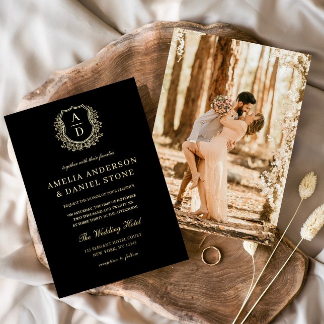 Modern Gold Leafy Crest Monogram Photo Wedding  Foil Invitation (Creator Uploaded)