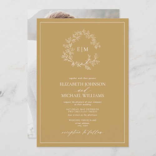 Modern Gold Leafy Crest Monogram Photo Wedding Invitation - We're loving this trendy, modern gold photo wedding invitation! Simple, elegant, and oh-so-pretty, it features a hand drawn leafy wreath encircling a modern wedding monogram. It is personalized in elegant typography, and accented with hand-lettered calligraphy. Finally, it is trimmed in a delicate frame and the back of the card showcases your favorite engagement photo. Veiw suite here: 
https://www.zazzle.com/collections/gold_leafy_crest_monogram_wedding-119668631605460589 Contact designer for matching products to complete the suite, OR for color variations of this design. Thank you sooo much for supporting our small business, we really appreciate it! 
We are so happy you love this design as much as we do, and would love to invite
you to be part of our new private Facebook group Wedding Planning Tips for Busy Brides. 
Join to receive the latest on sales, new releases and more! 
https://www.facebook.com/groups/622298402544171  
Copyright Anastasia Surridge for Elegant Invites, all rights reserved.