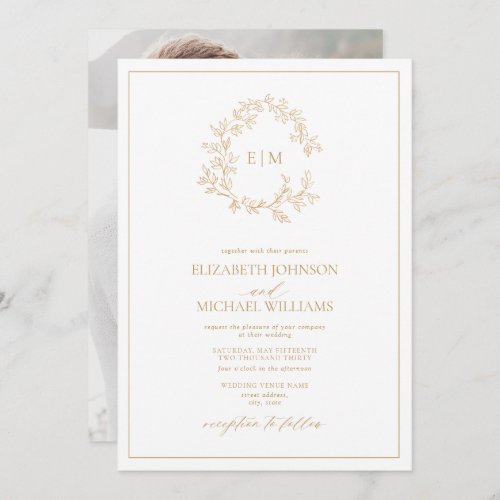 Modern Gold Leafy Crest Monogram Photo Wedding Invitation - We're loving this trendy, modern gold photo wedding invitation! Simple, elegant, and oh-so-pretty, it features a hand drawn leafy wreath encircling a modern wedding monogram. It is personalized in elegant typography, and accented with hand-lettered calligraphy. Finally, it is trimmed in a delicate frame and the back of the card showcases your favorite engagement photo. Veiw suite here: 
https://www.zazzle.com/collections/gold_leafy_crest_monogram_wedding-119668631605460589 Contact designer for matching products to complete the suite, OR for color variations of this design. Thank you sooo much for supporting our small business, we really appreciate it! 
We are so happy you love this design as much as we do, and would love to invite
you to be part of our new private Facebook group Wedding Planning Tips for Busy Brides. 
Join to receive the latest on sales, new releases and more! 
https://www.facebook.com/groups/622298402544171  
Copyright Anastasia Surridge for Elegant Invites, all rights reserved.