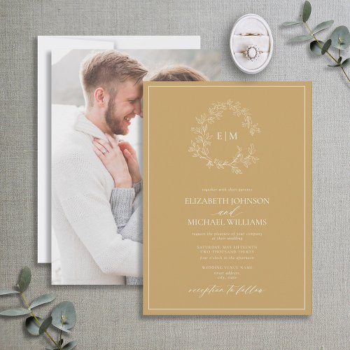 Modern Gold Leafy Crest Monogram Photo Wedding Invitation