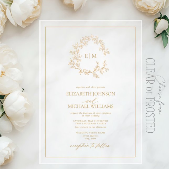 Modern Gold Leafy Crest Monogram Wedding Acrylic Invitations (Creator Uploaded)