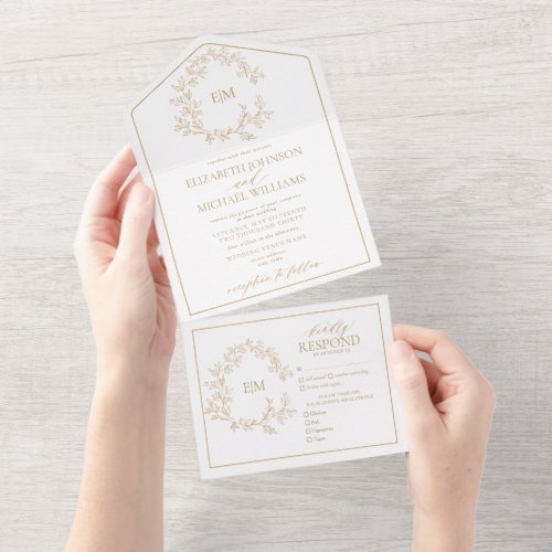 Modern Gold Leafy Crest Monogram Wedding All In One Invitation - We're loving this trendy, modern gold All-in-one Simple, elegant, and oh-so-pretty, it features a hand drawn leafy wreath encircling a modern wedding monogram. It is personalized in elegant typography, and accented with hand-lettered calligraphy. Finally, it is trimmed in a delicate frame. To remove meal choices in the RSVP section, we have created a how-to video for you here: https://youtu.be/ZGpeldQgxoE. Part of a matching wedding set. Veiw suite here: 
https://www.zazzle.com/collections/gold_leafy_crest_monogram_wedding-119668631605460589 Contact designer for matching products to complete the suite, OR for color variations of this design. Thank you sooo much for supporting our small business, we really appreciate it! 
We are so happy you love this design as much as we do, and would love to invite
you to be part of our new private Facebook group Wedding Planning Tips for Busy Brides. 
Join to receive the latest on sales, new releases and more! 
https://www.facebook.com/groups/622298402544171  
Copyright Anastasia Surridge for Elegant Invites, all rights reserved.