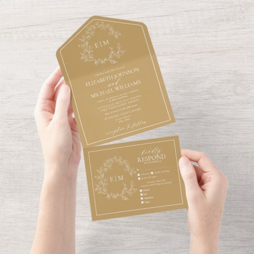 Modern Gold Leafy Crest Monogram Wedding All In One Invitation - We're loving this trendy, modern gold All-in-one Simple, elegant, and oh-so-pretty, it features a hand drawn leafy wreath encircling a modern wedding monogram. It is personalized in elegant typography, and accented with hand-lettered calligraphy. Finally, it is trimmed in a delicate frame. To remove meal choices in the RSVP section, we have created a how-to video for you here: https://youtu.be/ZGpeldQgxoE. Part of a matching wedding set. Veiw suite here: 
https://www.zazzle.com/collections/gold_leafy_crest_monogram_wedding-119668631605460589 Contact designer for matching products to complete the suite, OR for color variations of this design. Thank you sooo much for supporting our small business, we really appreciate it! 
We are so happy you love this design as much as we do, and would love to invite
you to be part of our new private Facebook group Wedding Planning Tips for Busy Brides. 
Join to receive the latest on sales, new releases and more! 
https://www.facebook.com/groups/622298402544171  
Copyright Anastasia Surridge for Elegant Invites, all rights reserved.
