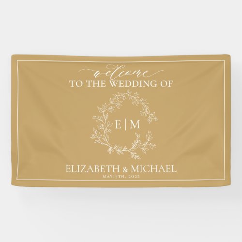 Modern Gold Leafy Crest Monogram Wedding Banner - We're loving this trendy, modern gold wedding banner! Simple, elegant, and oh-so-pretty, it features a hand drawn leafy wreath encircling a modern wedding monogram. It is personalized in elegant typography, and accented with hand-lettered calligraphy. Finally, it is trimmed in a delicate frame. Veiw suite here: https://www.zazzle.com/collections/gold_leafy_crest_monogram_wedding-119668631605460589 Contact designer for matching products to complete the suite, OR for color variations of this design. Thank you sooo much for supporting our small business, we really appreciate it! 
We are so happy you love this design as much as we do, and would love to invite
you to be part of our new private Facebook group Wedding Planning Tips for Busy Brides. 
Join to receive the latest on sales, new releases and more! 
https://www.facebook.com/groups/622298402544171  
Copyright Anastasia Surridge for Elegant Invites, all rights reserved.