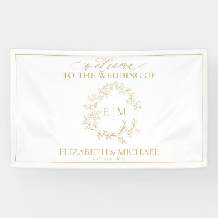 Modern Gold Leafy Crest Monogram Wedding Banner