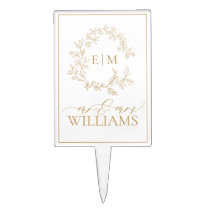 Modern Gold Leafy Crest Monogram Wedding Cake Topper