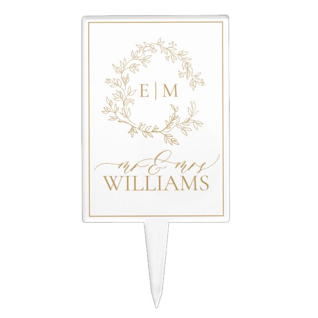 Modern Gold Leafy Crest Monogram Wedding Cake Topper (Front)