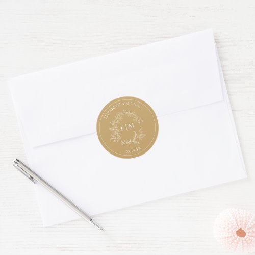 Modern Gold Leafy Crest Monogram Wedding Classic R Classic Round Sticker - We're loving this trendy, modern gold wedding Envelope Seal! Simple, elegant, and oh-so-pretty, it features a hand drawn leafy wreath encircling a modern wedding monogram. It is personalized in elegant typography, Finally, it is trimmed in a delicate frame. Veiw suite here: https://www.zazzle.com/collections/gold_leafy_crest_monogram_wedding-119668631605460589 Contact designer for matching products to complete the suite, OR for color variations of this design. Thank you sooo much for supporting our small business, we really appreciate it! 
We are so happy you love this design as much as we do, and would love to invite
you to be part of our new private Facebook group Wedding Planning Tips for Busy Brides. 
Join to receive the latest on sales, new releases and more! 
https://www.facebook.com/groups/622298402544171  
Copyright Anastasia Surridge for Elegant Invites, all rights reserved.