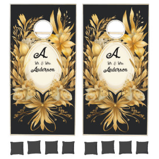 Modern Gold Leafy Crest Monogram Wedding Cornhole Set