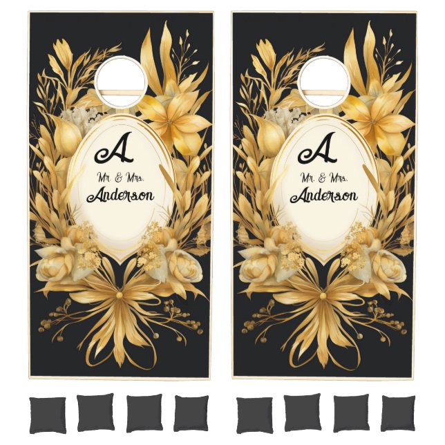 Modern Gold Leafy Crest Monogram Wedding Cornhole Set (Set)