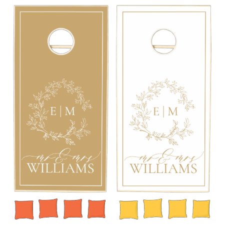 Modern Gold Leafy Crest Monogram Wedding Cornhole Set