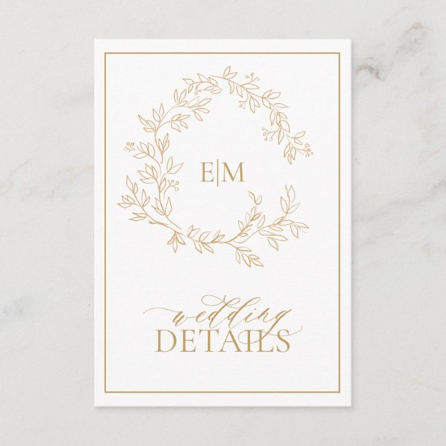 Modern Gold Leafy Crest Monogram Wedding Details Enclosure Card (Front)
