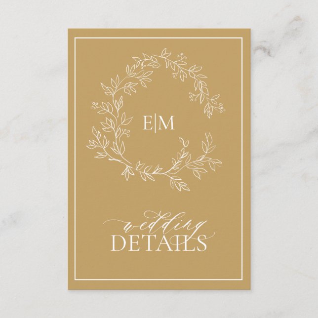 Modern Gold Leafy Crest Monogram Wedding Details Enclosure Card (Front)