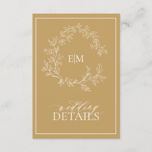 Modern Gold Leafy Crest Monogram Wedding Details Enclosure Card
