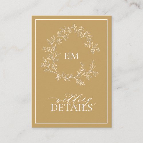 Modern Gold Leafy Crest Monogram Wedding Details Enclosure Card - We're loving this trendy, modern gold details card! Simple, elegant, and oh-so-pretty, it features a hand drawn leafy wreath encircling a modern wedding monogram. It is personalized in elegant typography, and accented with hand-lettered calligraphy. Finally, it is trimmed in a delicate frame and the back of the card contains the details, which allows the addition of the information you need to give, This may include driving directions, reception information, hotel information, etc. This can also include your wedding website.The card holds up to 20 lines of text. Text is aligned to top and flows down, you may need to adjust vertical positioning depending on the amount of text by clicking customize further. Veiw suite here: 
https://www.zazzle.com/collections/gold_leafy_crest_monogram_wedding-119668631605460589 Contact designer for matching products to complete the suite, OR for color variations of this design. Thank you sooo much for supporting our small business, we really appreciate it! 