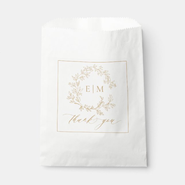 Modern Gold Leafy Crest Monogram Wedding Favor Bag (Front)