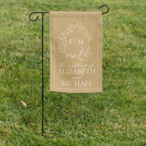 Modern Gold Leafy Crest Monogram Wedding Garden Fl Garden Flag - We're loving this trendy, modern gold wedding garden flag! Simple, elegant, and oh-so-pretty, it features a hand drawn leafy wreath encircling a modern wedding monogram. It is personalized in elegant typography, and accented with hand-lettered calligraphy. Finally, it is trimmed in a delicate frame. Veiw suite here: https://www.zazzle.com/collections/sage_green_leafy_crest_monogram_wedding_invitation-119735143483526238 Contact designer for matching products to complete the suite, OR for color variations of this design. Thank you sooo much for supporting our small business, we really appreciate it! 
We are so happy you love this design as much as we do, and would love to invite
you to be part of our new private Facebook group Wedding Planning Tips for Busy Brides. 
Join to receive the latest on sales, new releases and more! 
https://www.facebook.com/groups/622298402544171  
Copyright Anastasia Surridge for Elegant Invites, all rights reserved.