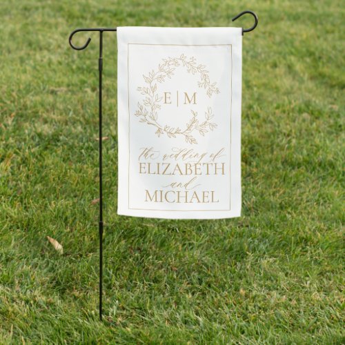 Modern Gold Leafy Crest Monogram Wedding Garden Flag - We're loving this trendy, modern gold wedding garden flag! Simple, elegant, and oh-so-pretty, it features a hand drawn leafy wreath encircling a modern wedding monogram. It is personalized in elegant typography, and accented with hand-lettered calligraphy. Finally, it is trimmed in a delicate frame. Veiw suite here: https://www.zazzle.com/collections/sage_green_leafy_crest_monogram_wedding_invitation-119735143483526238 Contact designer for matching products to complete the suite, OR for color variations of this design. Thank you sooo much for supporting our small business, we really appreciate it! 
We are so happy you love this design as much as we do, and would love to invite
you to be part of our new private Facebook group Wedding Planning Tips for Busy Brides. 
Join to receive the latest on sales, new releases and more! 
https://www.facebook.com/groups/622298402544171  
Copyright Anastasia Surridge for Elegant Invites, all rights reserved.