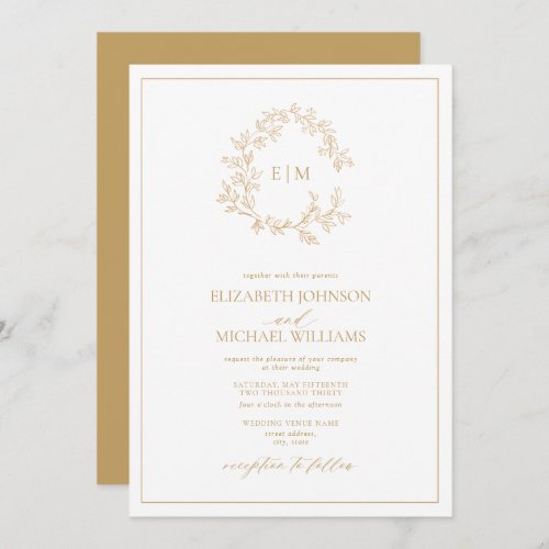 Modern Gold Leafy Crest Monogram Wedding Invitation - We're loving this trendy, modern gold wedding invitation! Simple, elegant, and oh-so-pretty, it features a hand drawn leafy wreath encircling a modern wedding monogram. It is personalized in elegant typography, and accented with hand-lettered calligraphy. Finally, it is trimmed in a delicate frame. Veiw suite here: 
https://www.zazzle.com/collections/gold_leafy_crest_monogram_wedding-119668631605460589 Contact designer for matching products to complete the suite, OR for color variations of this design. Thank you sooo much for supporting our small business, we really appreciate it! 
We are so happy you love this design as much as we do, and would love to invite
you to be part of our new private Facebook group Wedding Planning Tips for Busy Brides. 
Join to receive the latest on sales, new releases and more! 
https://www.facebook.com/groups/622298402544171  
Copyright Anastasia Surridge for Elegant Invites, all rights reserved.