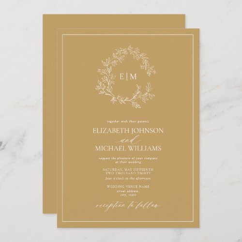 Modern Gold Leafy Crest Monogram Wedding  Invitation - We're loving this trendy, modern gold wedding invitation! Simple, elegant, and oh-so-pretty, it features a hand drawn leafy wreath encircling a modern wedding monogram. It is personalized in elegant typography, and accented with hand-lettered calligraphy. Finally, it is trimmed in a delicate frame. Veiw suite here: 
https://www.zazzle.com/collections/gold_leafy_crest_monogram_wedding-119668631605460589 Contact designer for matching products to complete the suite, OR for color variations of this design. Thank you sooo much for supporting our small business, we really appreciate it! 
We are so happy you love this design as much as we do, and would love to invite
you to be part of our new private Facebook group Wedding Planning Tips for Busy Brides. 
Join to receive the latest on sales, new releases and more! 
https://www.facebook.com/groups/622298402544171  
Copyright Anastasia Surridge for Elegant Invites, all rights reserved.