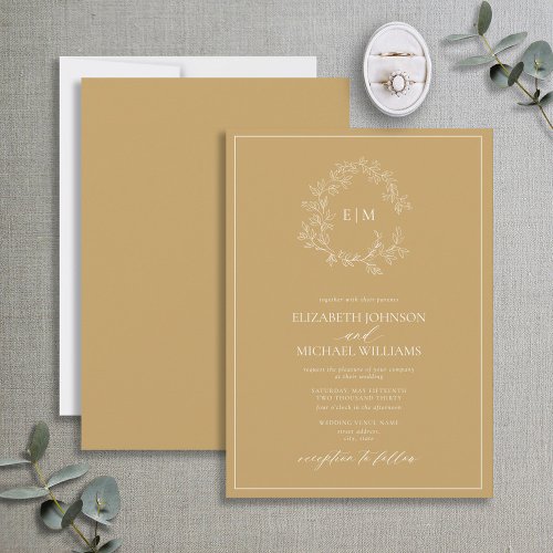 Modern Gold Leafy Crest Monogram Wedding  Invitation