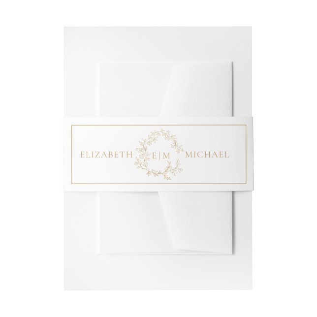 Modern Gold Leafy Crest Monogram Wedding Invitation Belly Band (Front Example)