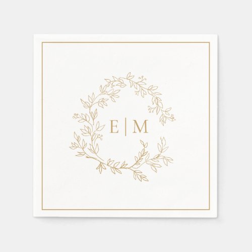 Modern Gold Leafy Crest Monogram Wedding Napkins
