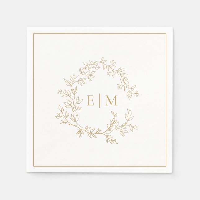 Modern Gold Leafy Crest Monogram Wedding Napkins (Front)