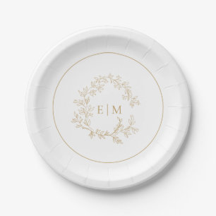 Modern Gold Leafy Crest Monogram Wedding Paper Plates