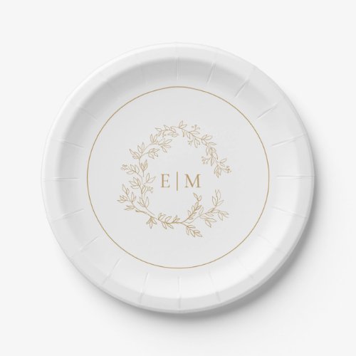 Modern Gold Leafy Crest Monogram Wedding Paper Plates - A unique wedding paper plate! We're loving this trendy, modern gold wedding design! Simple, elegant, and oh-so-pretty, it features a hand drawn leafy wreath encircling a modern wedding monogram. It is personalized in elegant typography. Finally, it is trimmed in a delicate frame. Veiw suite here: https://www.zazzle.com/collections/gold_leafy_crest_monogram_wedding-119668631605460589 Contact designer for matching products to complete the suite, OR for color variations of this design. Thank you sooo much for supporting our small business, we really appreciate it! 
We are so happy you love this design as much as we do, and would love to invite
you to be part of our new private Facebook group Wedding Planning Tips for Busy Brides. 
Join to receive the latest on sales, new releases and more! 
https://www.facebook.com/groups/622298402544171  
Copyright Anastasia Surridge for Elegant Invites, all rights reserved.