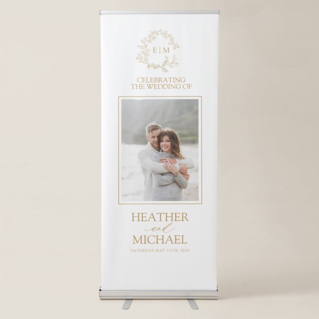 Modern Gold Leafy Crest Monogram Wedding Retractable Banner (Front)