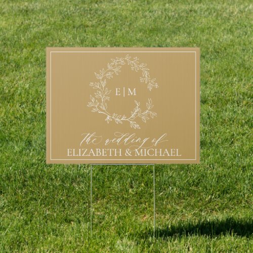 Modern Gold Leafy Crest Monogram Wedding Sign - We're loving this trendy, modern gold wedding sign! Simple, elegant, and oh-so-pretty, it features a hand drawn leafy wreath encircling a modern wedding monogram. It is personalized in elegant typography, and accented with hand-lettered calligraphy. Finally, it is trimmed in a delicate frame. Veiw suite here: https://www.zazzle.com/collections/gold_leafy_crest_monogram_wedding-119668631605460589 Contact designer for matching products to complete the suite, OR for color variations of this design. Thank you sooo much for supporting our small business, we really appreciate it! 
We are so happy you love this design as much as we do, and would love to invite
you to be part of our new private Facebook group Wedding Planning Tips for Busy Brides. 
Join to receive the latest on sales, new releases and more! 
https://www.facebook.com/groups/622298402544171  
Copyright Anastasia Surridge for Elegant Invites, all rights reserved.