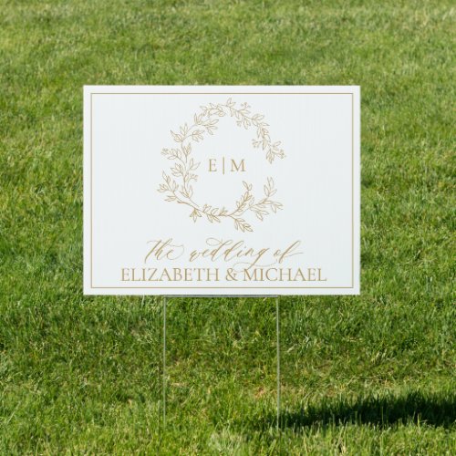 Modern Gold Leafy Crest Monogram Wedding Sign - We're loving this trendy, modern gold wedding sign! Simple, elegant, and oh-so-pretty, it features a hand drawn leafy wreath encircling a modern wedding monogram. It is personalized in elegant typography, and accented with hand-lettered calligraphy. Finally, it is trimmed in a delicate frame. Veiw suite here: https://www.zazzle.com/collections/gold_leafy_crest_monogram_wedding-119668631605460589 Contact designer for matching products to complete the suite, OR for color variations of this design. Thank you sooo much for supporting our small business, we really appreciate it! 
We are so happy you love this design as much as we do, and would love to invite
you to be part of our new private Facebook group Wedding Planning Tips for Busy Brides. 
Join to receive the latest on sales, new releases and more! 
https://www.facebook.com/groups/622298402544171  
Copyright Anastasia Surridge for Elegant Invites, all rights reserved.