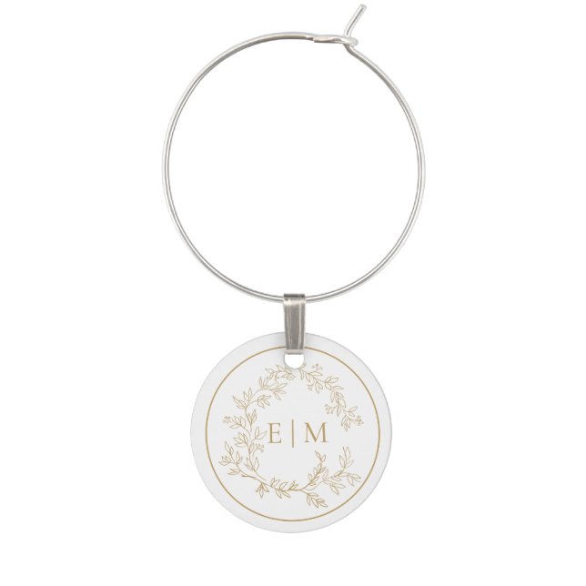 Modern Gold Leafy Crest Monogram Wedding Wine Charm (Front)