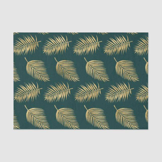 Modern Gold Leaves Against Green Decoupage Tissue Paper (Front)