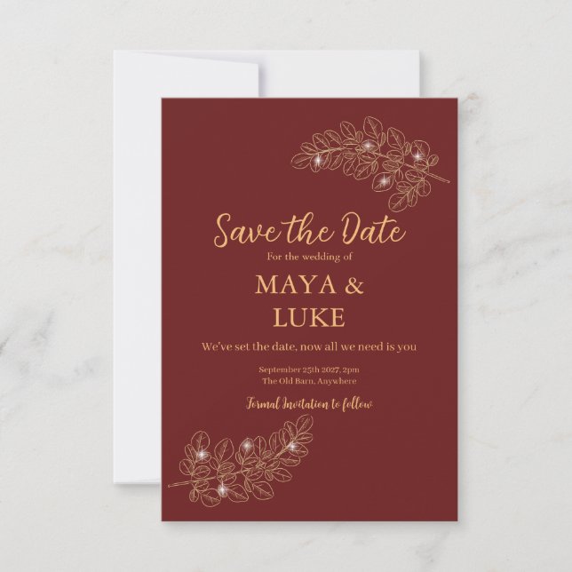 Modern Gold leaves Burgundy Save The Date (Front)