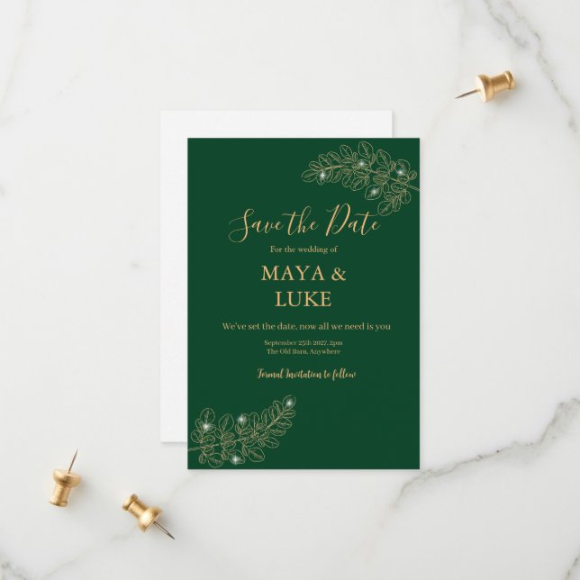 Modern Gold leaves Emerald Green Save The Date (Front/Back In Situ)