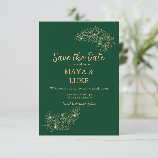 Modern Gold leaves Emerald Save The Date (Standing Front)