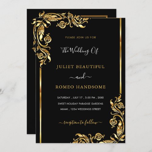 Modern Gold Leaves Framed Black Wedding Invitation