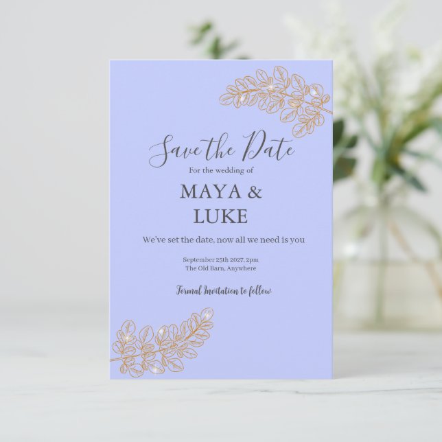 Modern Gold leaves Lavender colour Save The Date (Standing Front)