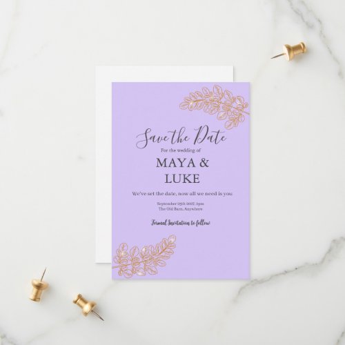 Modern Gold leaves Lilac colour  Save The Date