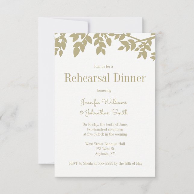 Modern gold leaves rehearsal dinner invitations (Front)